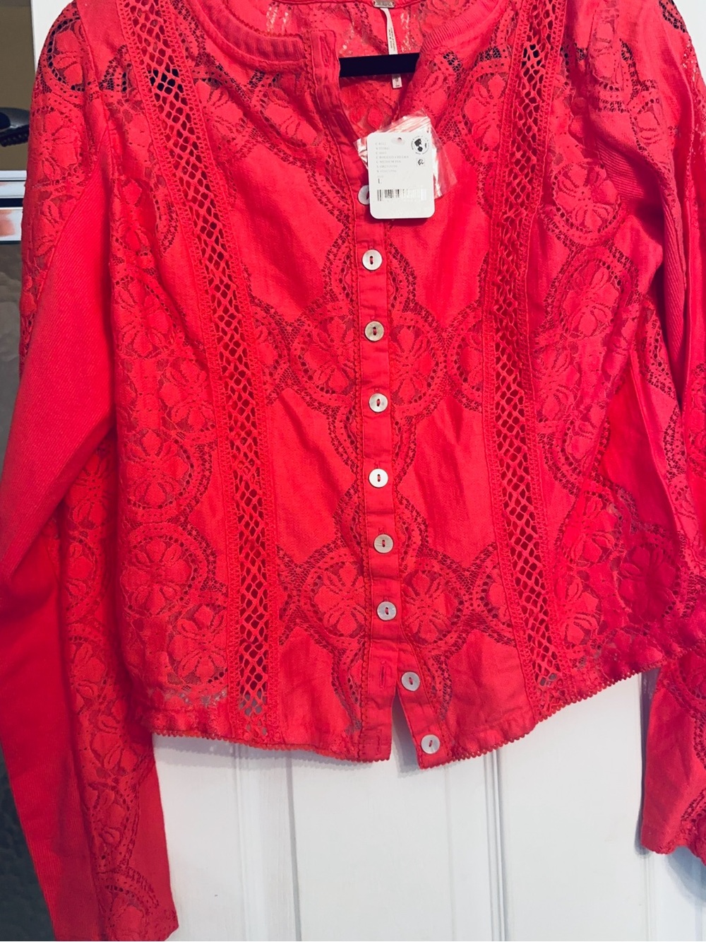 Free People Red Crochet Lace Button-Down Shirt
